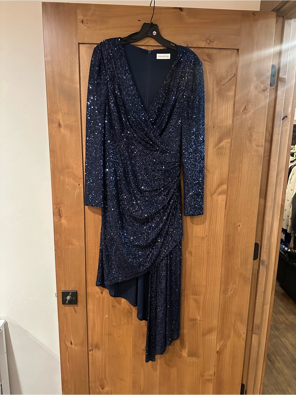 Halston Heritage Navy Sequin Asymmetrical Wrap Dress